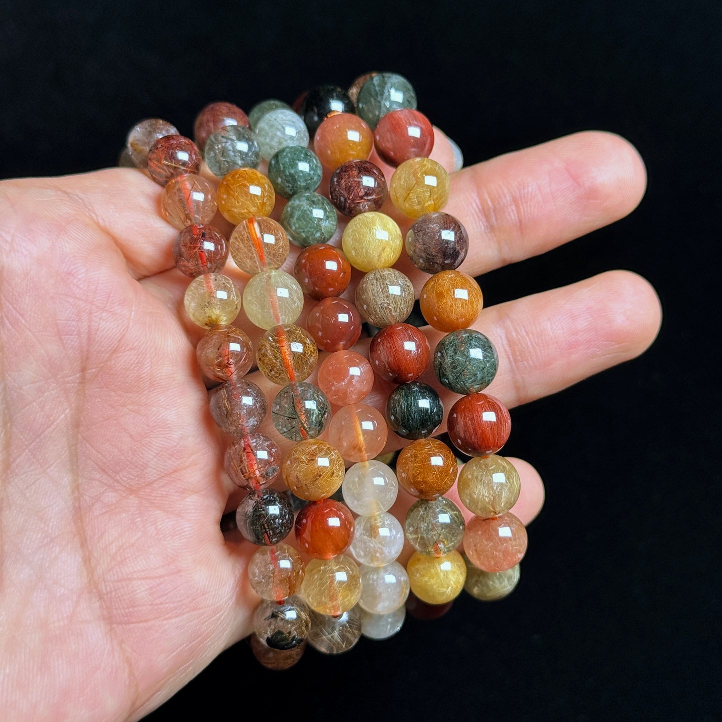 Dark Tri Colour Natural Rutilated Quartz Bracelet Size 8.5 mm