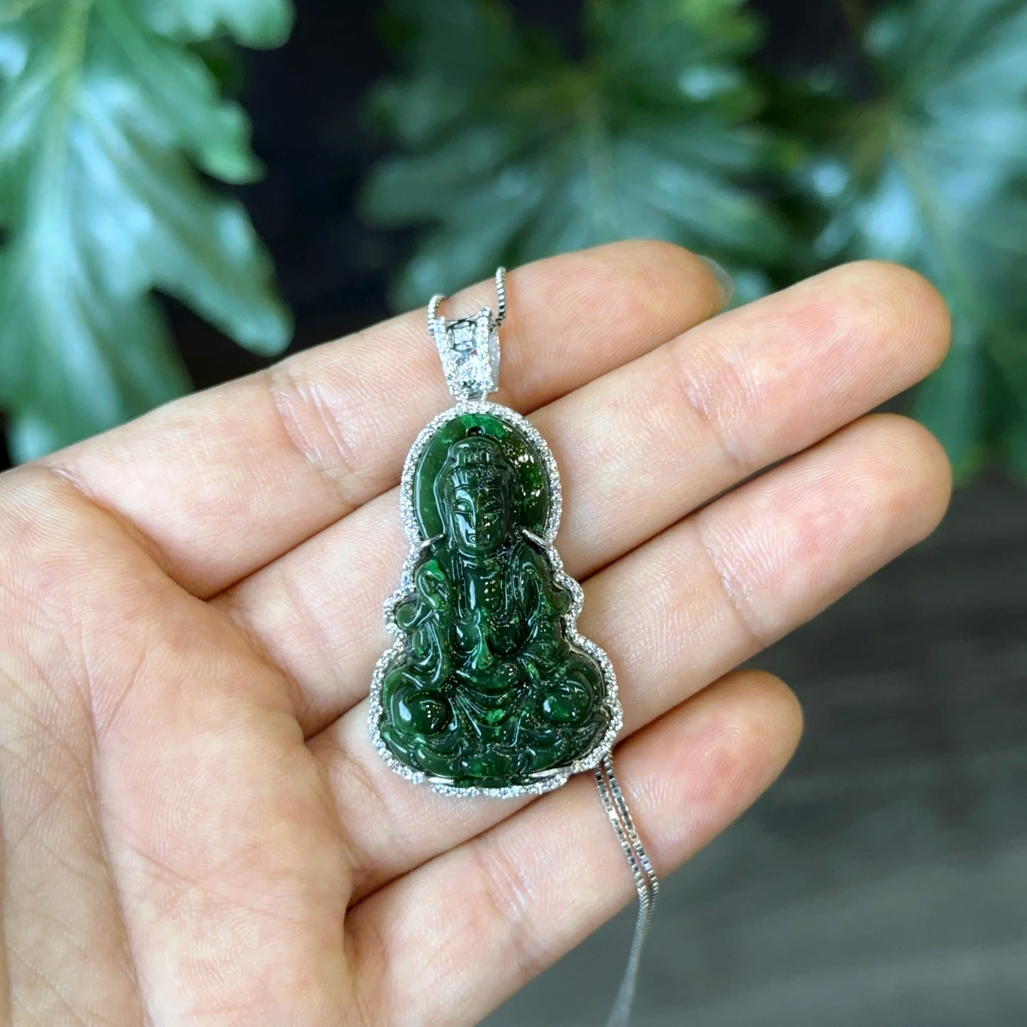 Quan The Am Buddha with White Stones Pendant in 10 k White Gold Setting