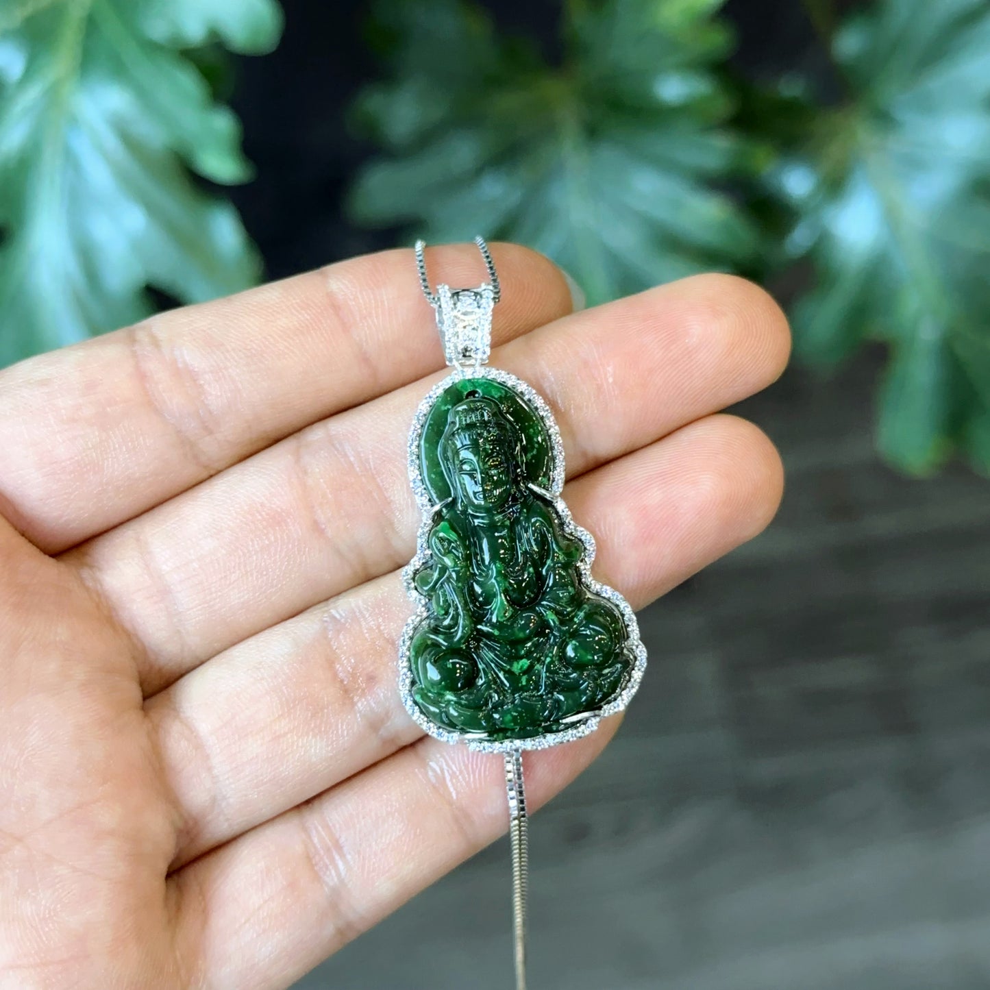 Quan The Am Buddha with White Stones Pendant in 10 k White Gold Setting