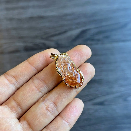 Pixiu Natural Red Brown Rutilated Quartz Pendant in 10k Yellow Gold Setting