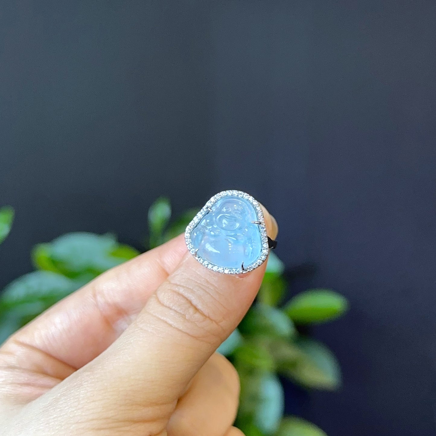 Happy Buddha Blue Beryl Ring in Silver with White Stone Setting Size 1.75