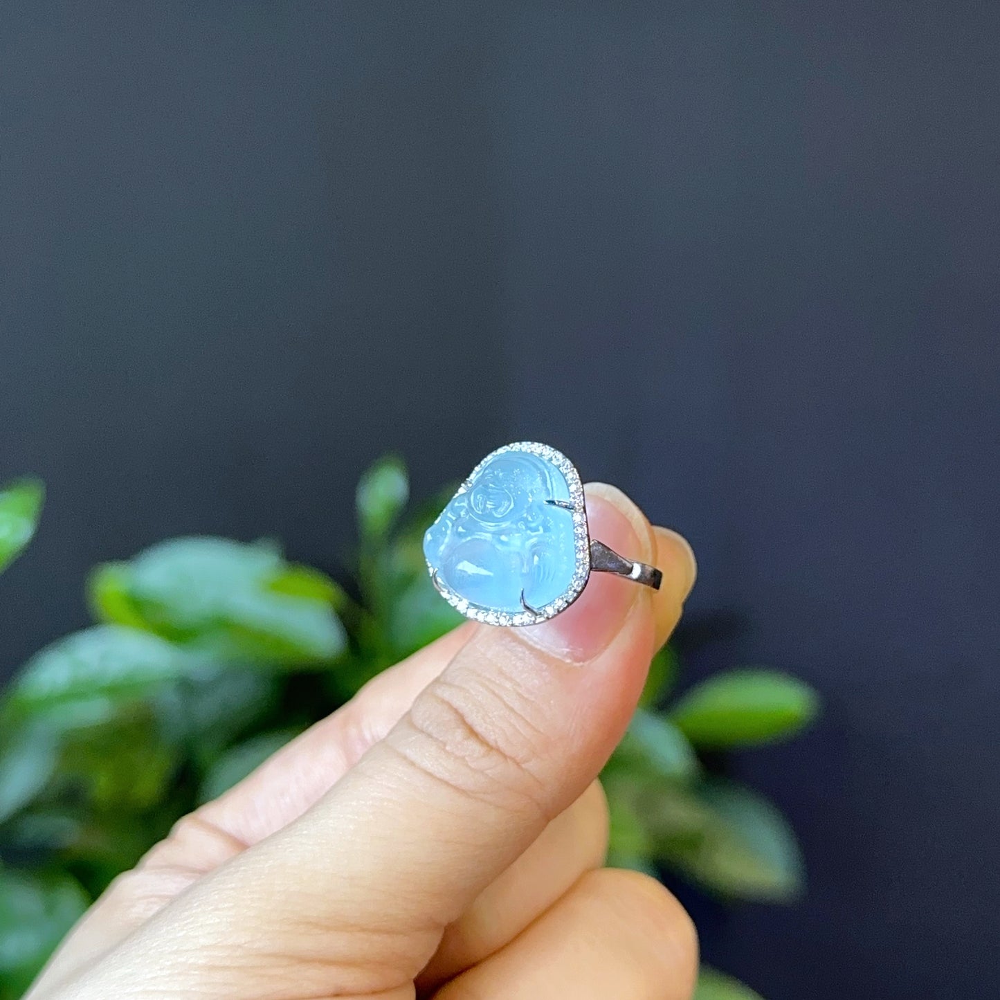 Happy Buddha Blue Beryl Ring in Silver with White Stone Setting Size 1.75