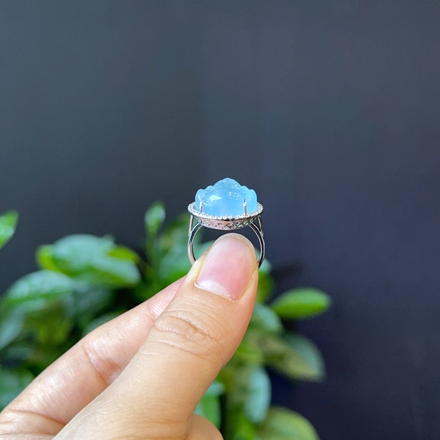 Happy Buddha Blue Beryl Ring in Silver with White Stone Setting Size 1.75