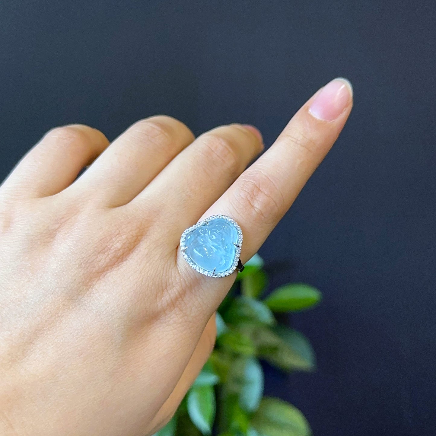 Happy Buddha Blue Beryl Ring in Silver with White Stone Setting Size 1.75