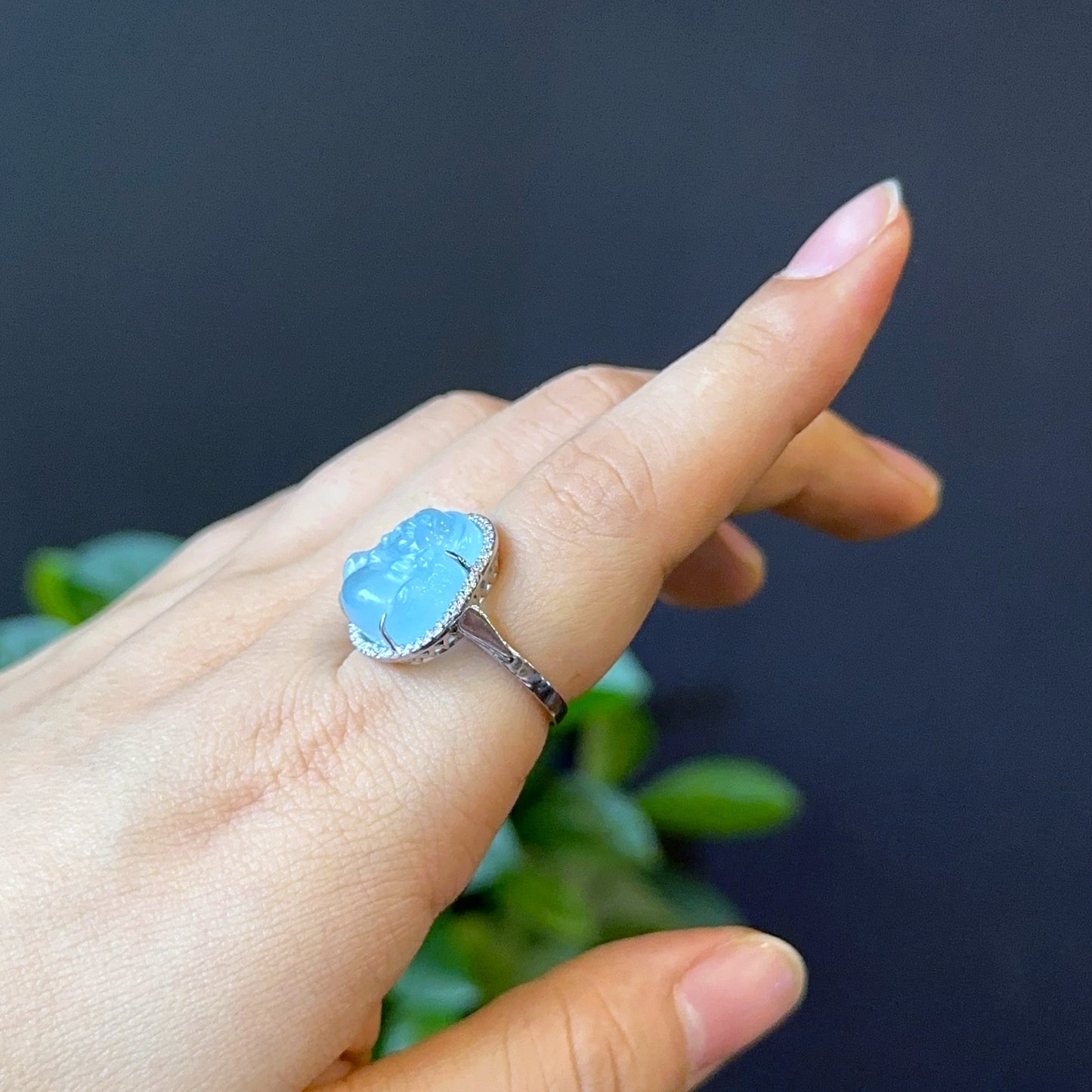 Happy Buddha Blue Beryl Ring in Silver with White Stone Setting Size 1.75