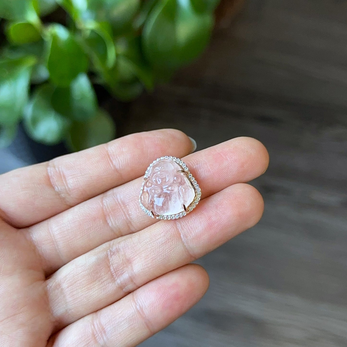 Happy Buddha Natural Pink Beryl Charm in 10k Yellow Gold with White Stones Setting