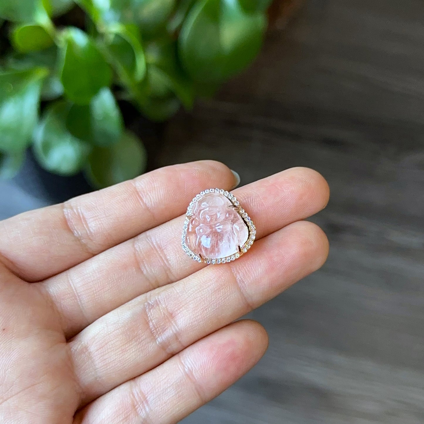 Happy Buddha Natural Pink Beryl Charm in 10k Yellow Gold with White Stones Setting