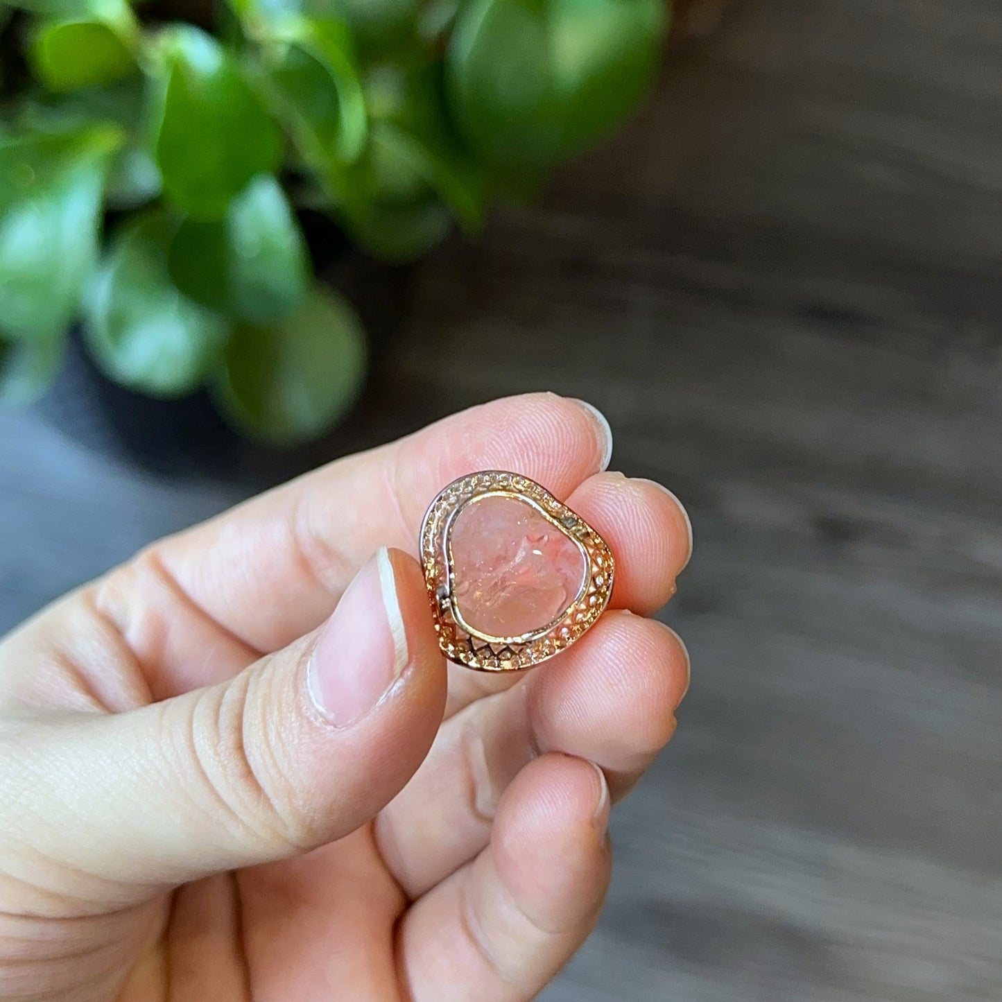 Happy Buddha Natural Pink Beryl Charm in 10k Yellow Gold with White Stones Setting