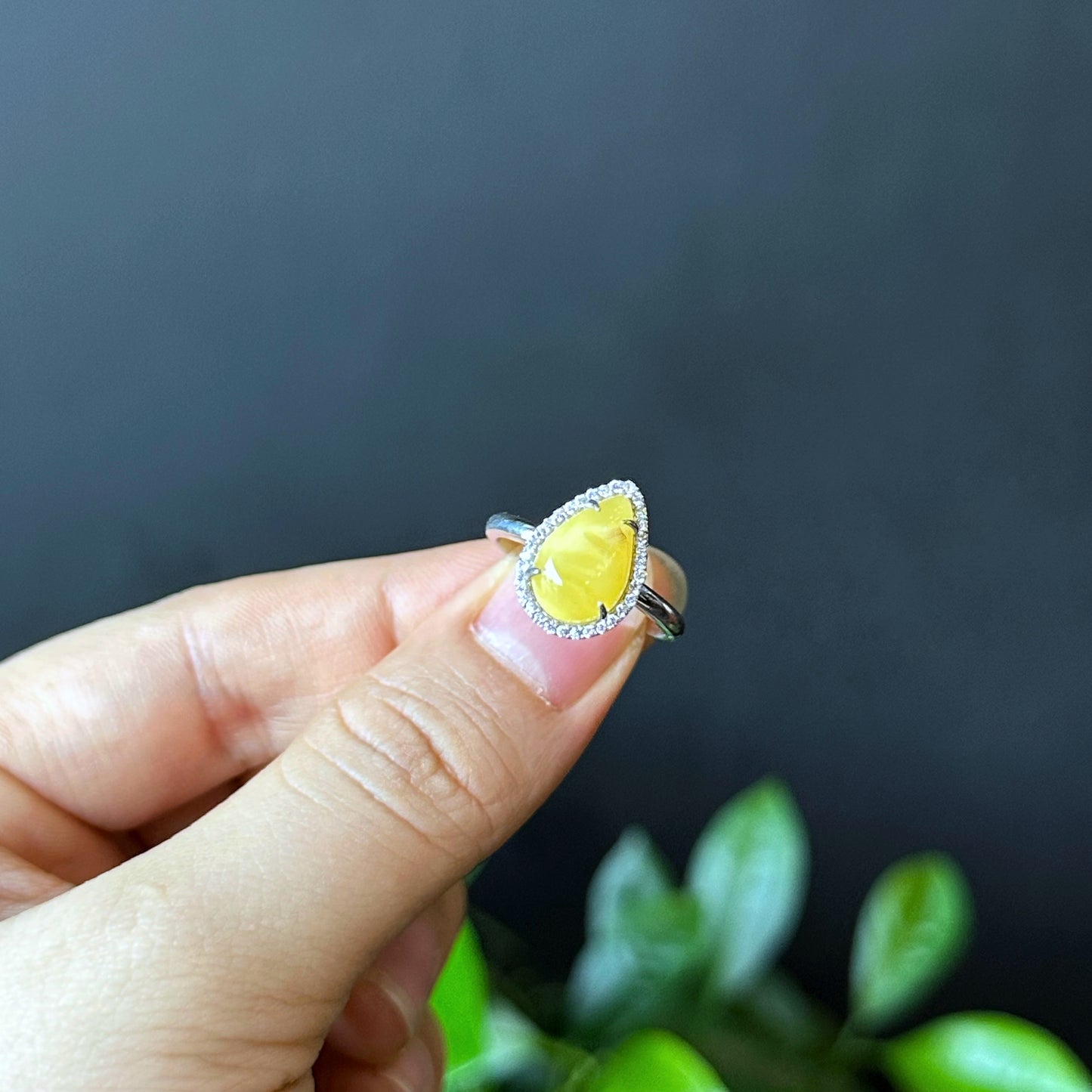 Water Drop Natural Amber Ring in Silver Setting Size 1.7