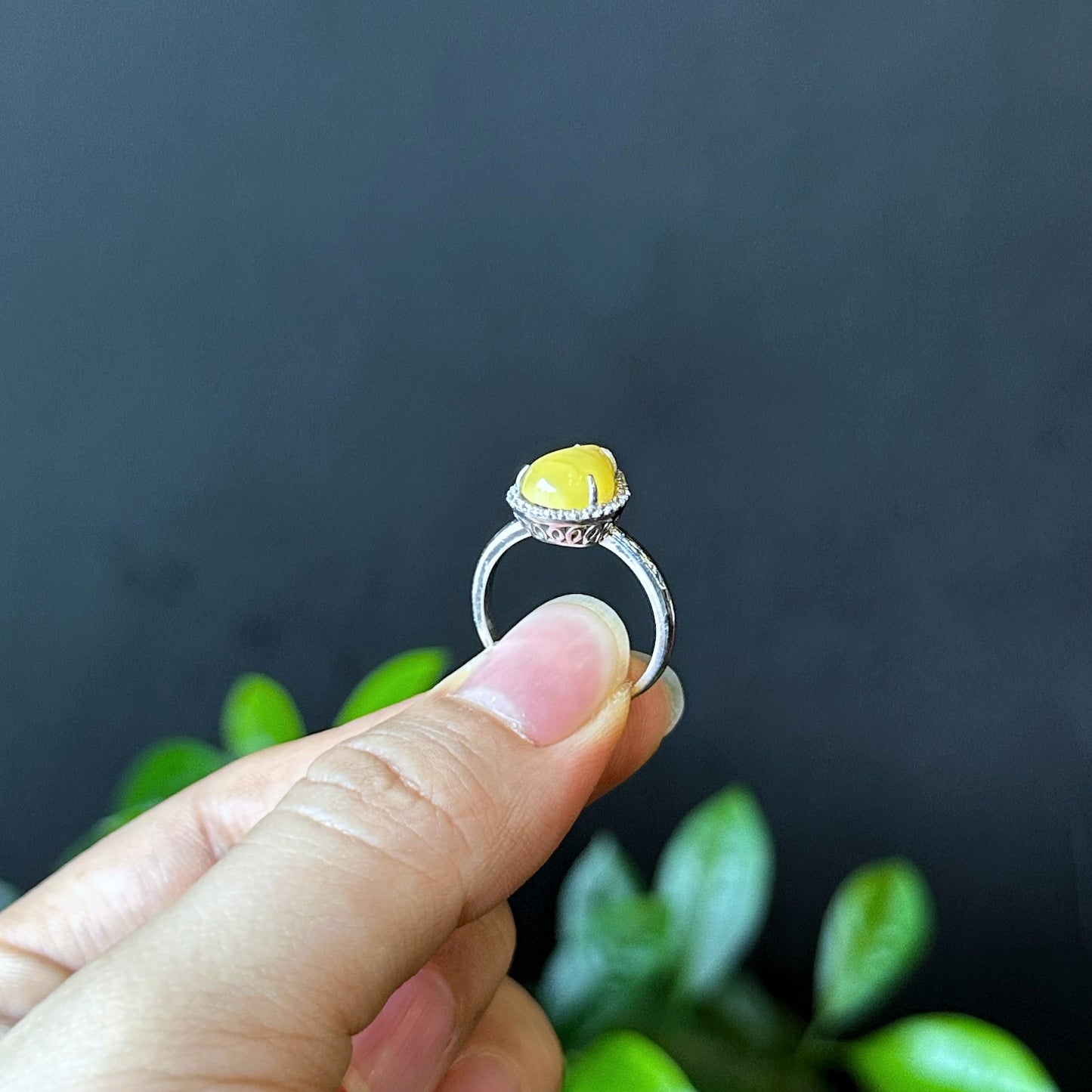 Water Drop Natural Amber Ring in Silver Setting Size 1.7