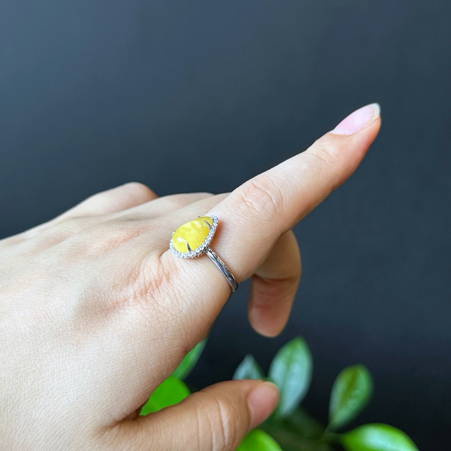 Water Drop Natural Amber Ring in Silver Setting Size 1.7