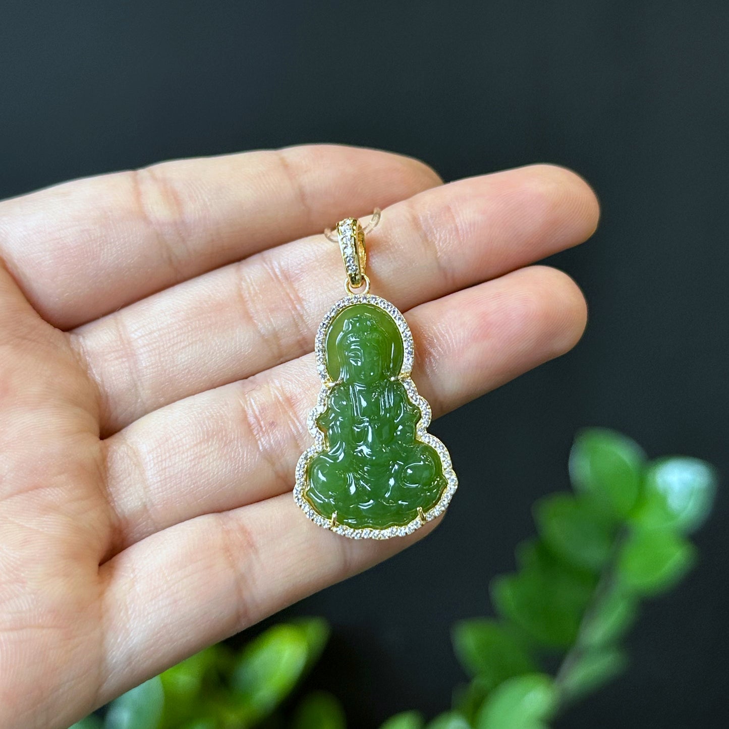 Quan The Am Buddha Nephrite Jade Pendant in 10K Yellow Gold Setting - Genuine Stone