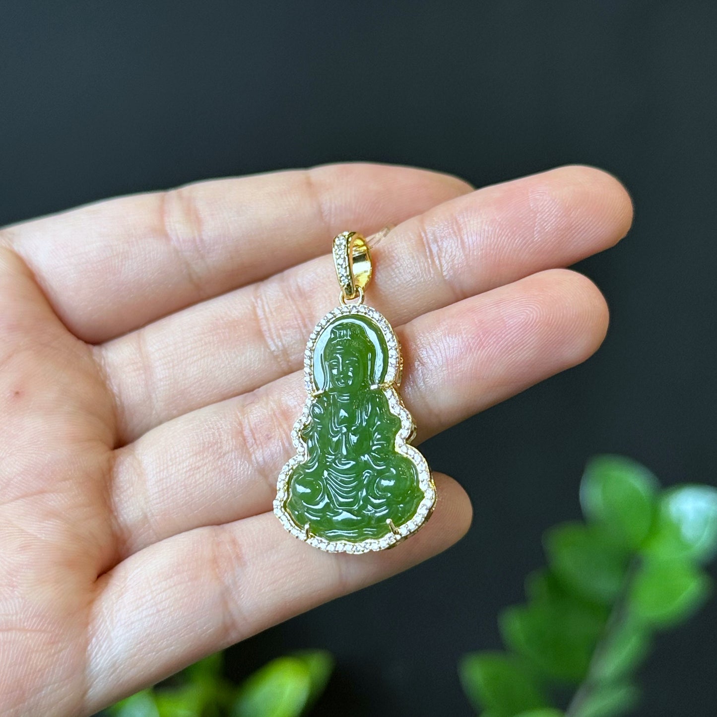 Guan Yin (Quan The Am) Buddha Natural Nephrite Jade Pendant in 10K Yellow Gold Setting