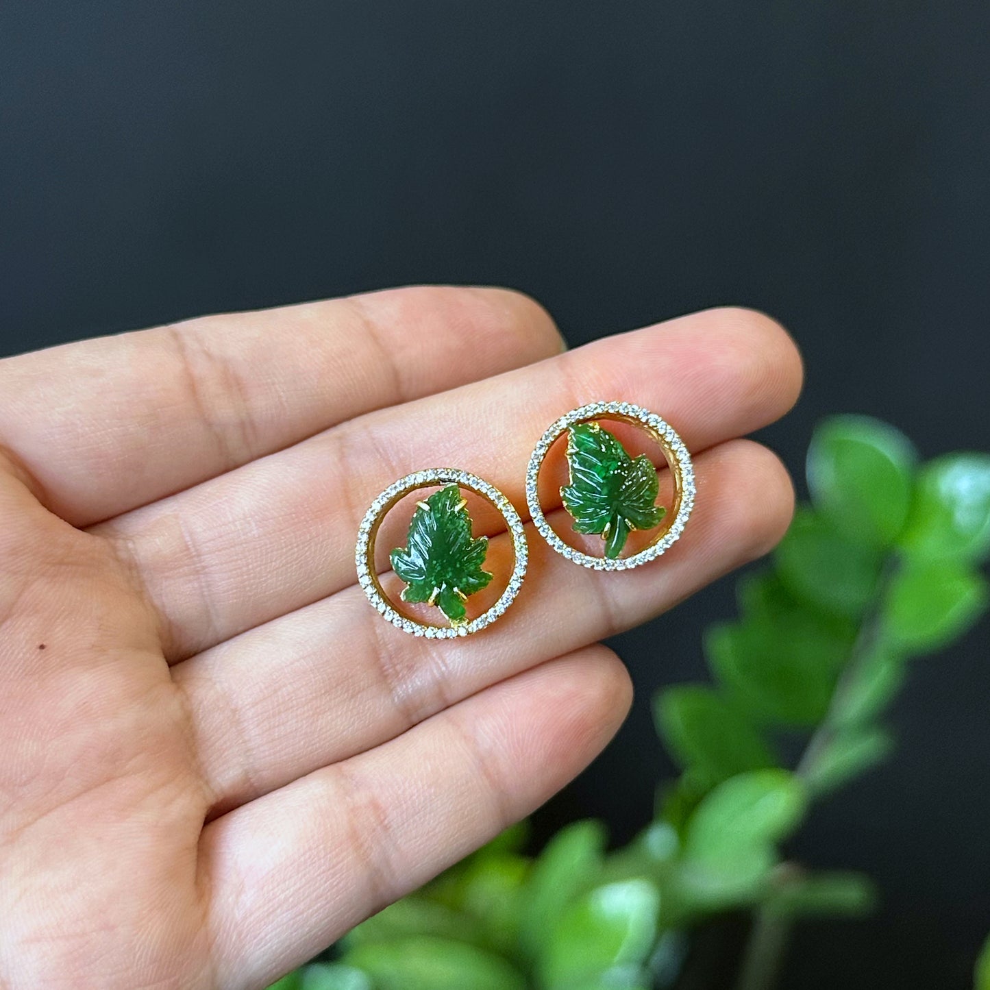 Maple Leaf Natural Nephrite Jade Earrings In 10 k Yellow Gold with White Stone Setting