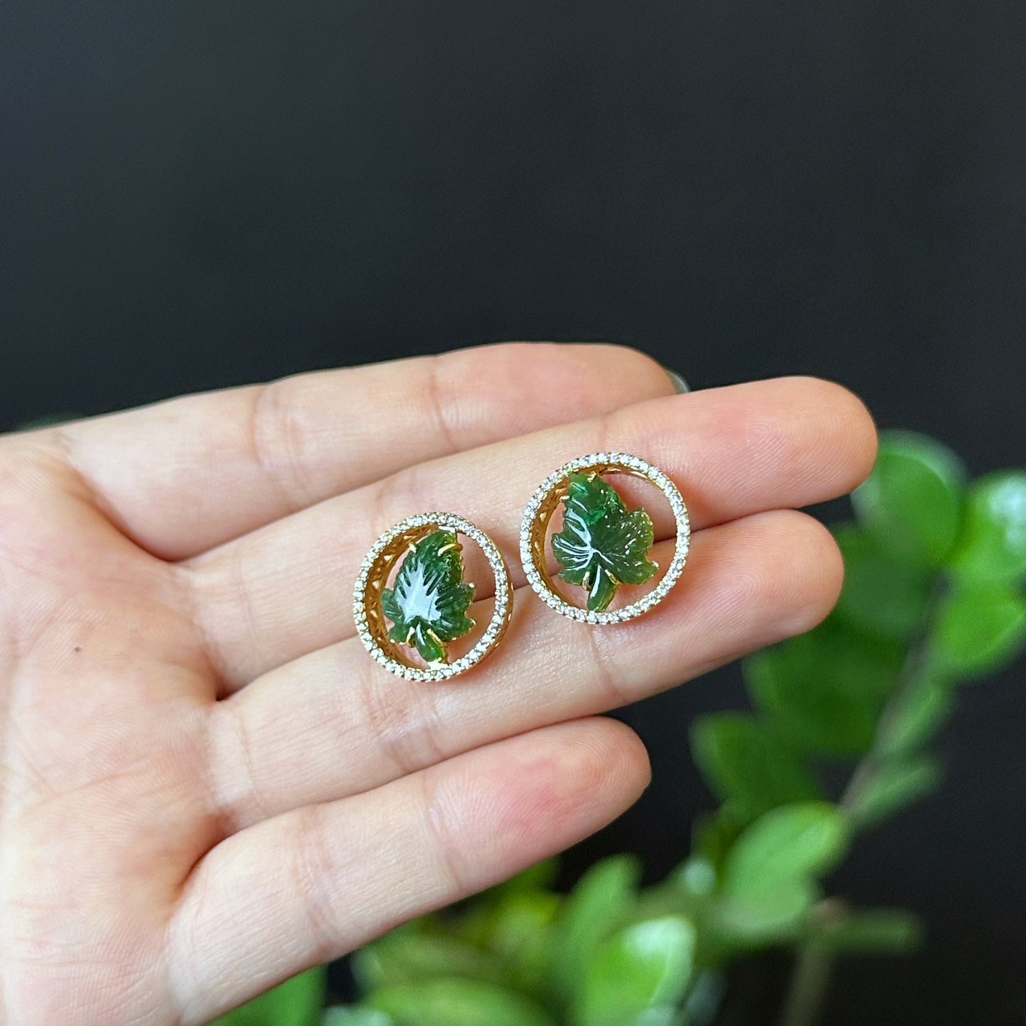 Maple Leaf Natural Nephrite Jade Earrings In 10 k Yellow Gold with White Stone Setting