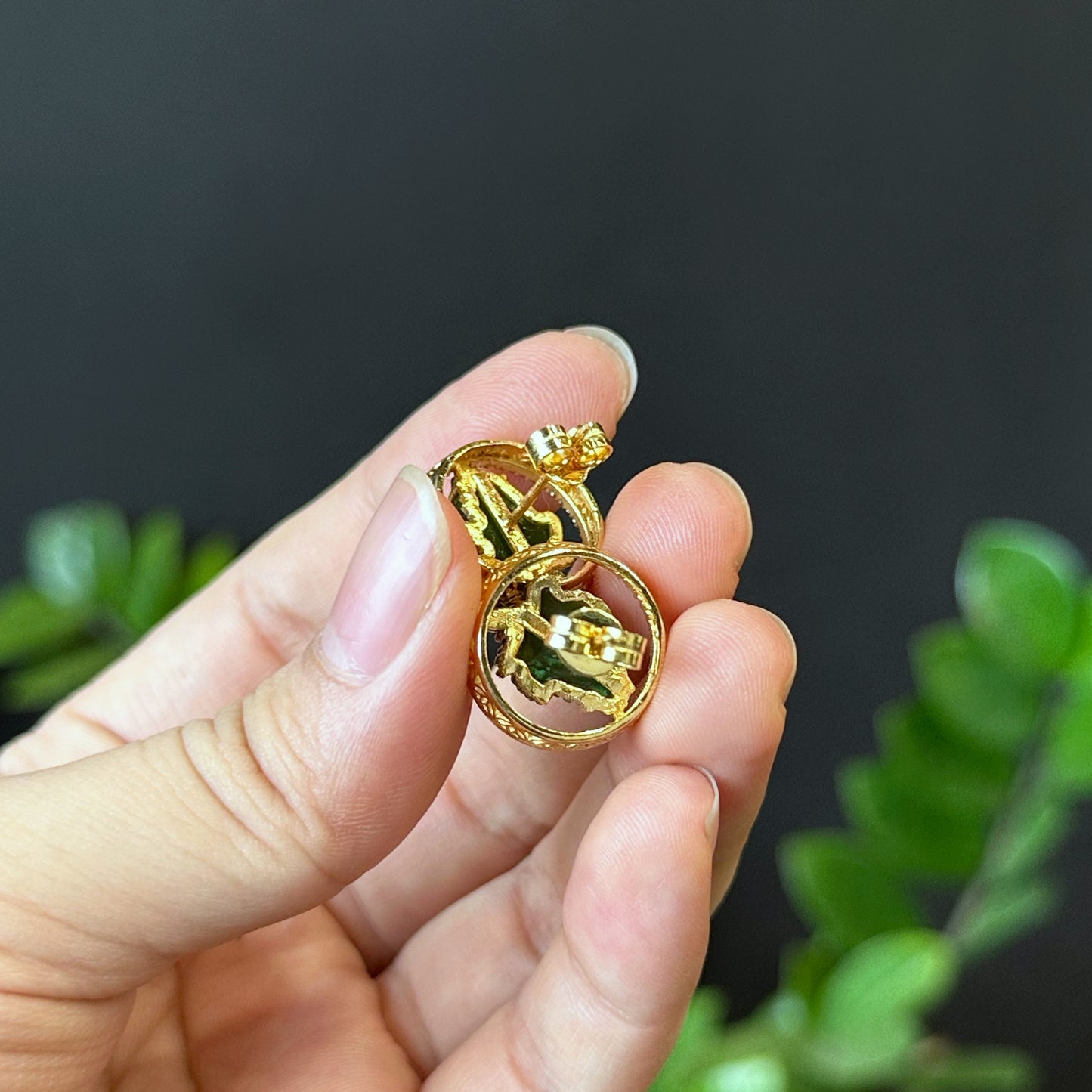 Maple Leaf Natural Nephrite Jade Earrings In 10 k Yellow Gold with White Stone Setting