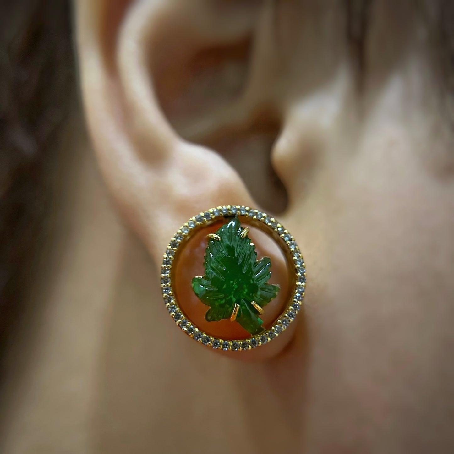 Maple Leaf Natural Nephrite Jade Earrings In 10 k Yellow Gold with White Stone Setting