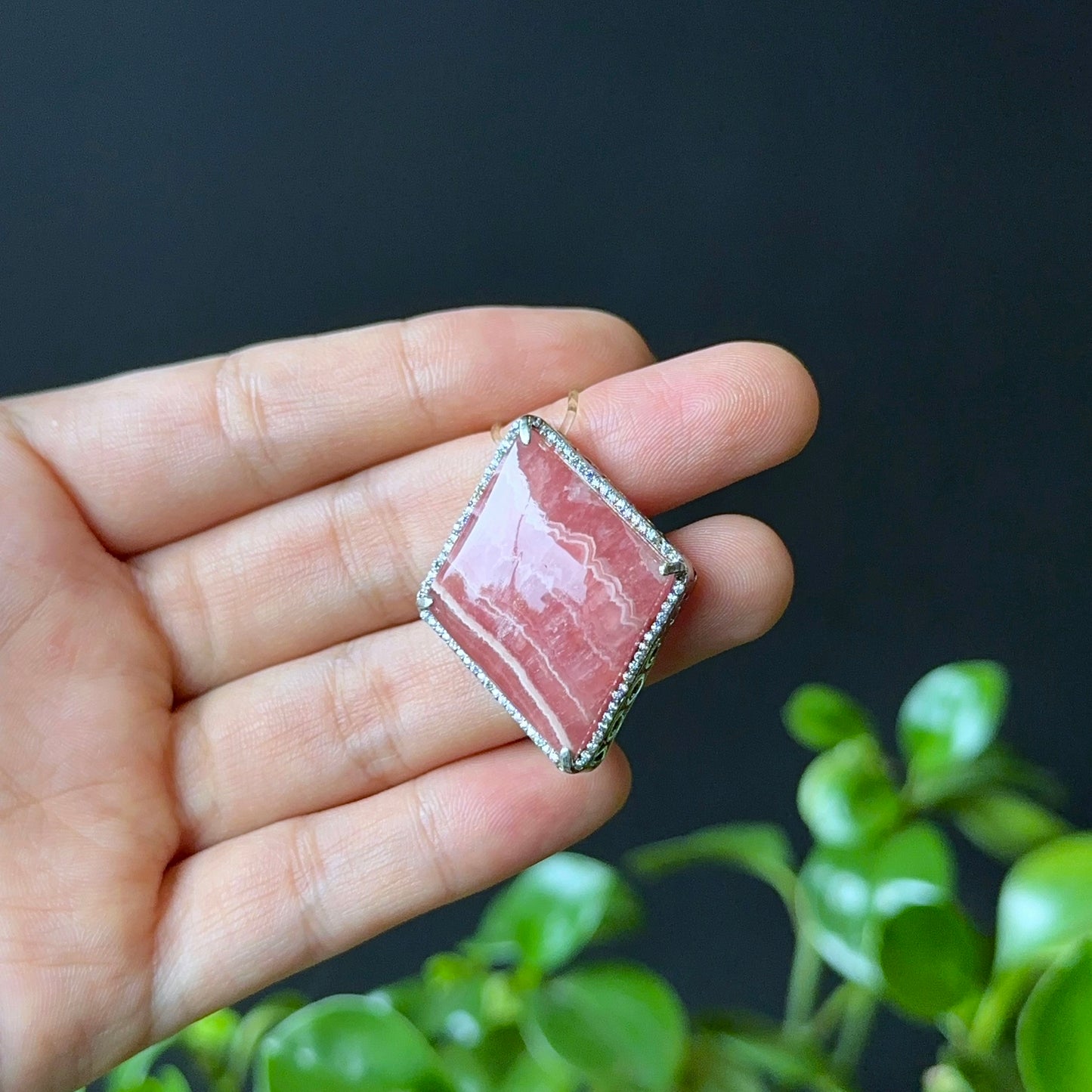 Diamond  Natural Rhodochrosite Charm in Silver with White Sonte Setting