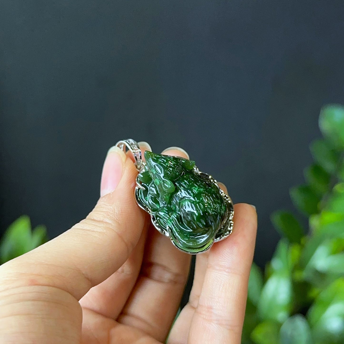 Zodiac Rat Natural Nephrite Jade Pendant in 10k White Gold Setting
