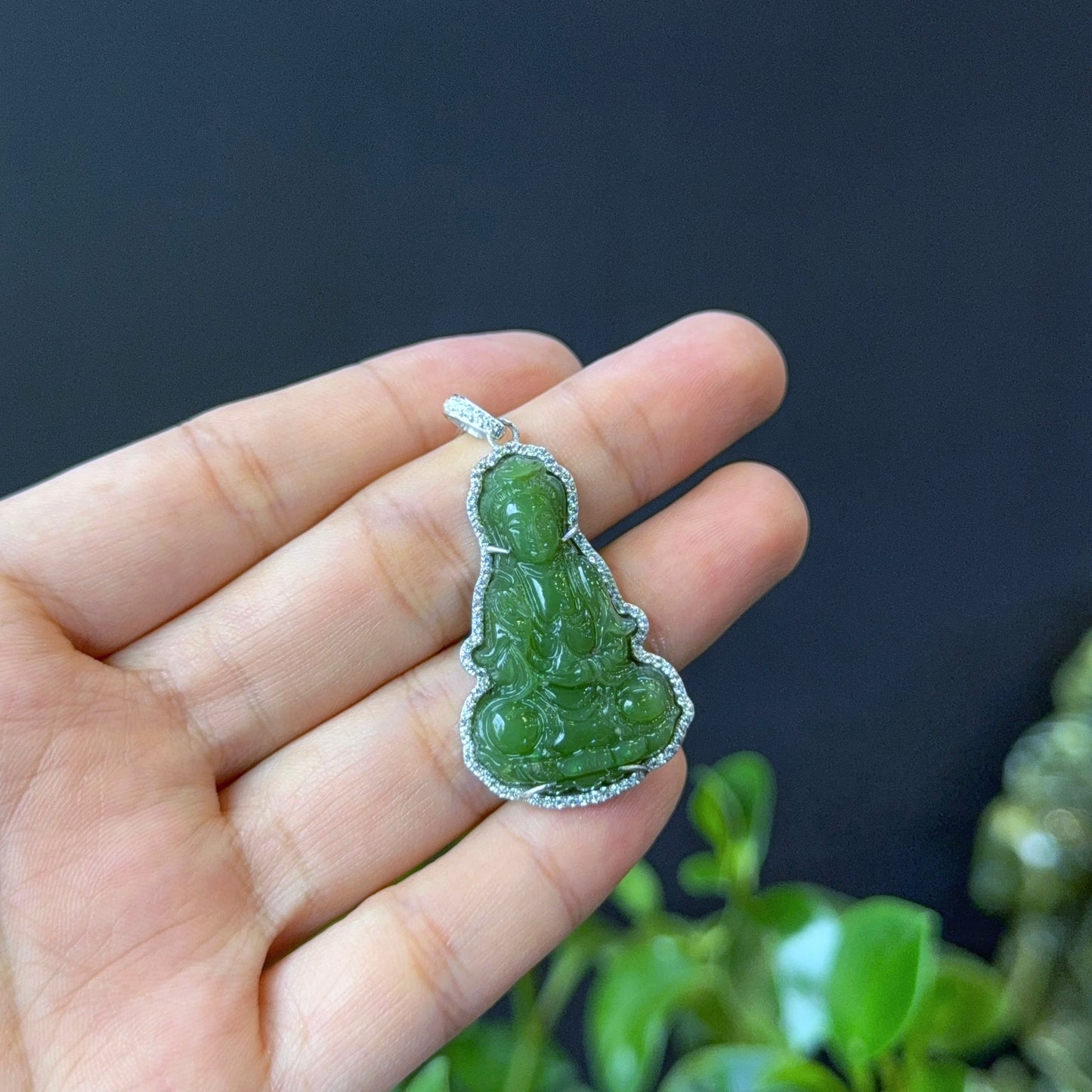 Guan Yin (Quan The Am) Buddha Light Green Nephrite Jade Pendant in 10K White Gold Setting with White Stone Surrounding