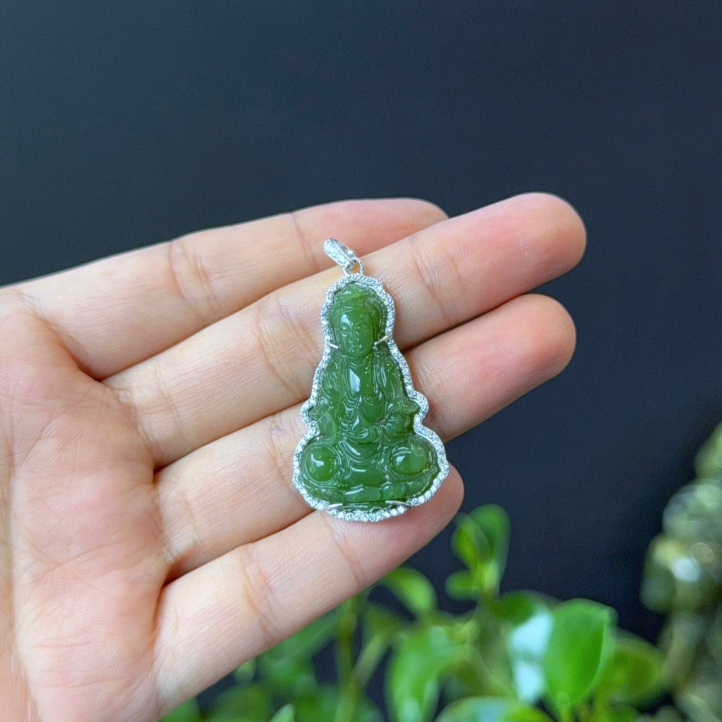 Guan Yin (Quan The Am) Buddha Light Green Nephrite Jade Pendant in 10K White Gold Setting with White Stone Surrounding
