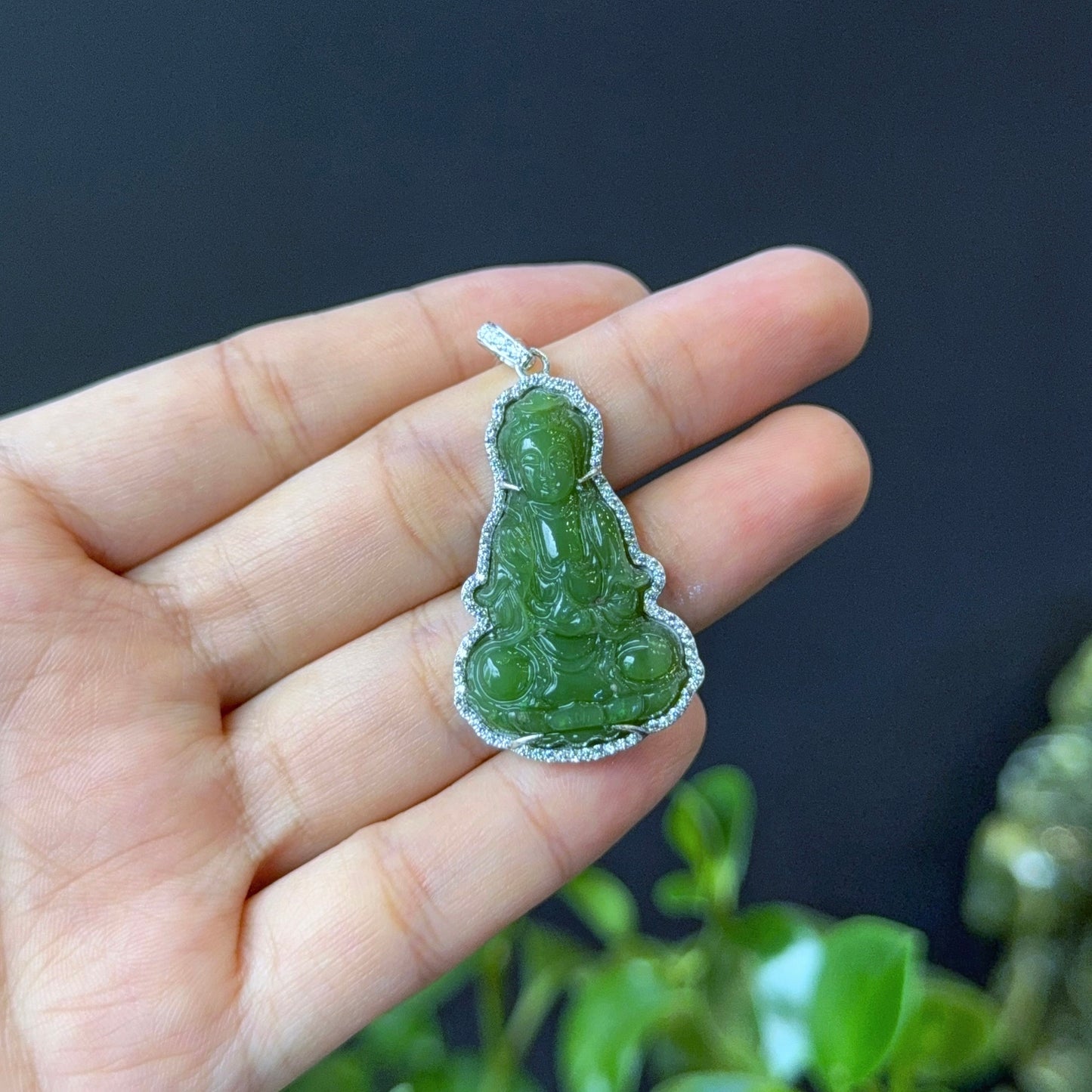 Guan Yin (Quan The Am) Buddha Light Green Nephrite Jade Pendant in 10K White Gold Setting with White Stone Surrounding