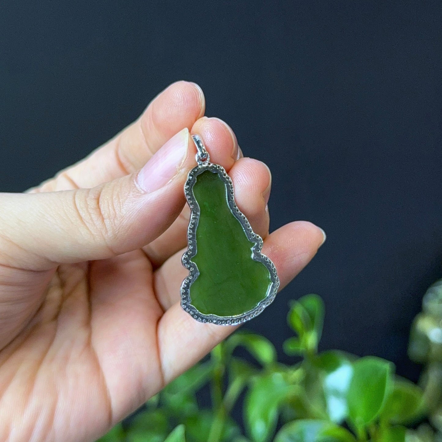 Guan Yin (Quan The Am) Buddha Light Green Nephrite Jade Pendant in 10K White Gold Setting with White Stone Surrounding