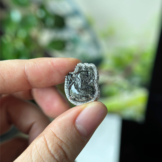 Ho Ly Natural Black Rutilated Quartz Charm in Silver Setting with Stone Surrounding