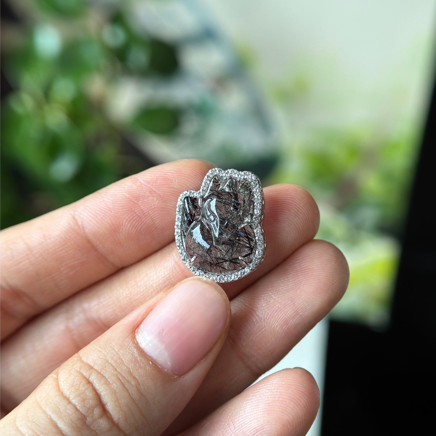Ho Ly Natural Black Rutilated Quartz Charm in Silver Setting with Stone Surrounding