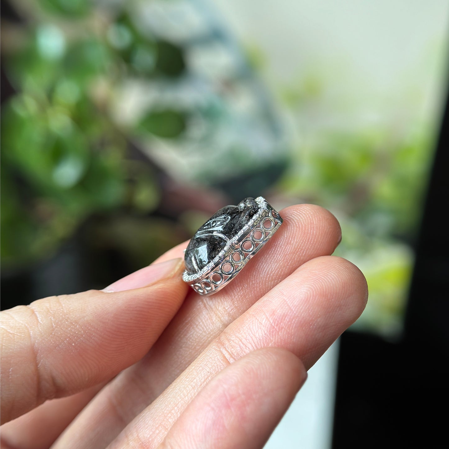 Ho Ly Natural Black Rutilated Quartz Charm in Silver Setting with Stone Surrounding