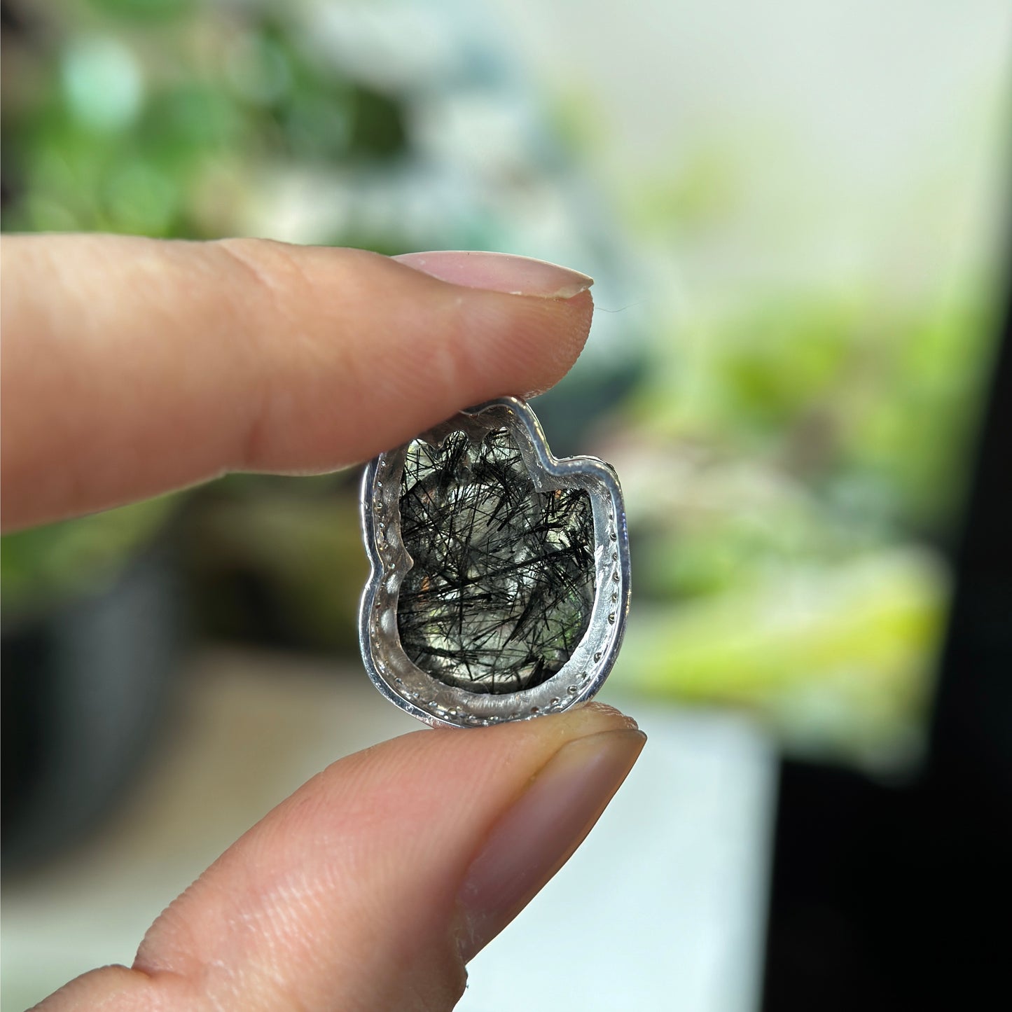 Ho Ly Natural Black Rutilated Quartz Charm in Silver Setting with Stone Surrounding