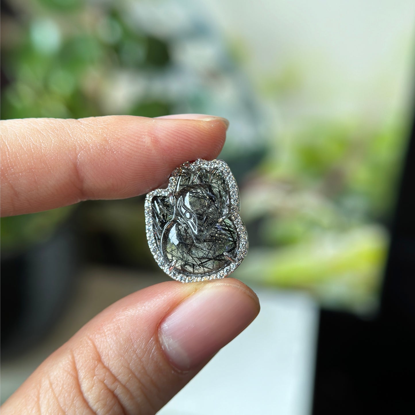 Ho Ly Natural Black Rutilated Quartz Charm in Silver Setting with Stone Surrounding