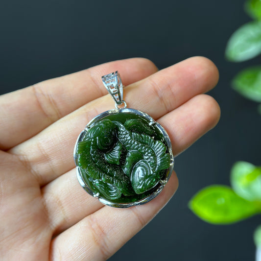 Feng Shui Pisces Nephrite Jade Pendant in Gold Plated Silver Setting - Genuine Stone