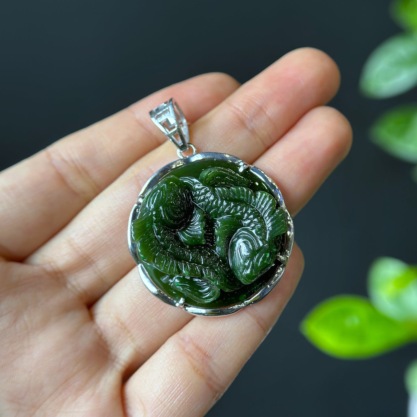 Feng Shui Natural Pisces Natural Nephrite Jade Pendant in Gold Plated Silver Setting