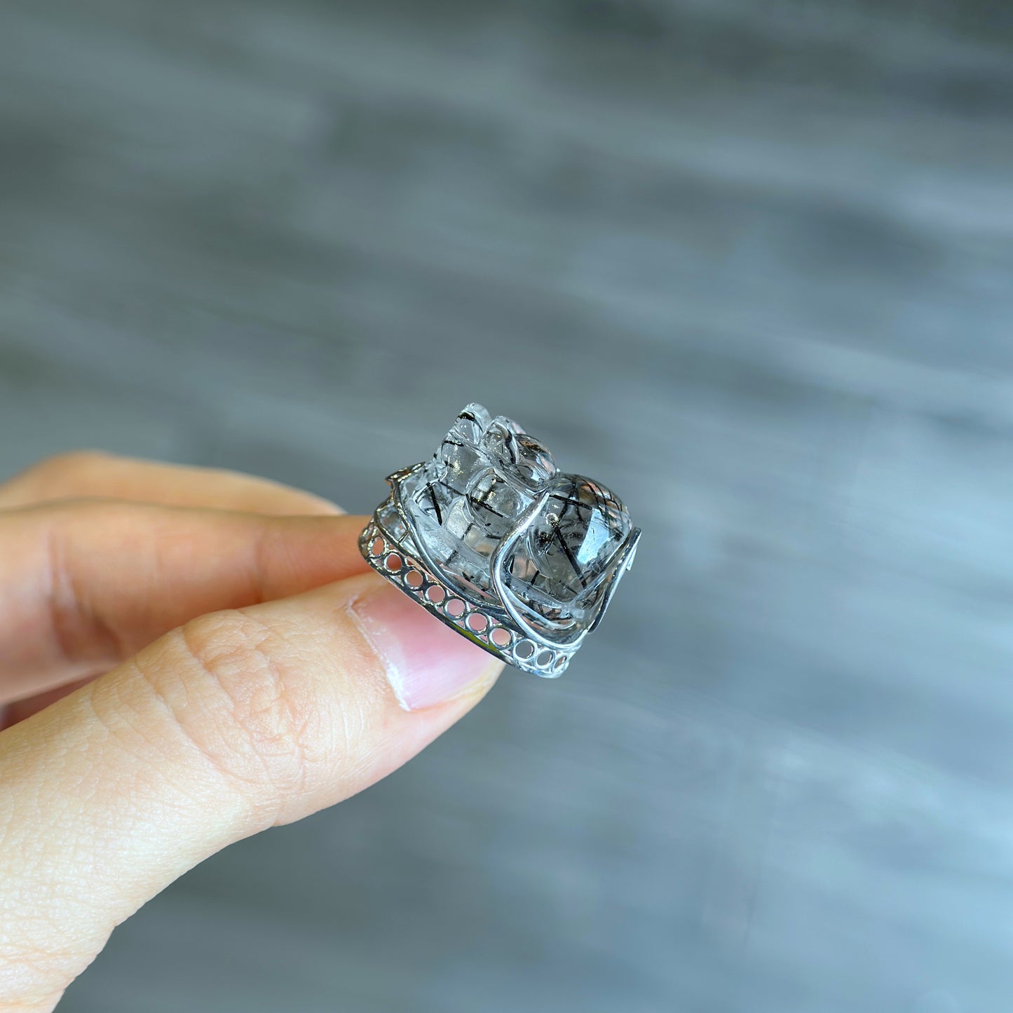 Pixiu Natural Black Rutilated Quartz Charm in Silver Setting