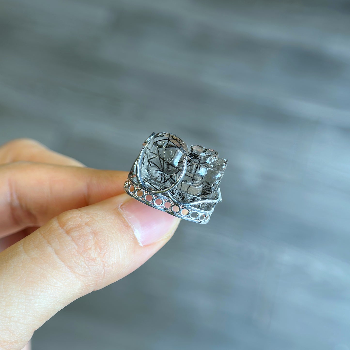 Pixiu Natural Black Rutilated Quartz Charm in Silver Setting