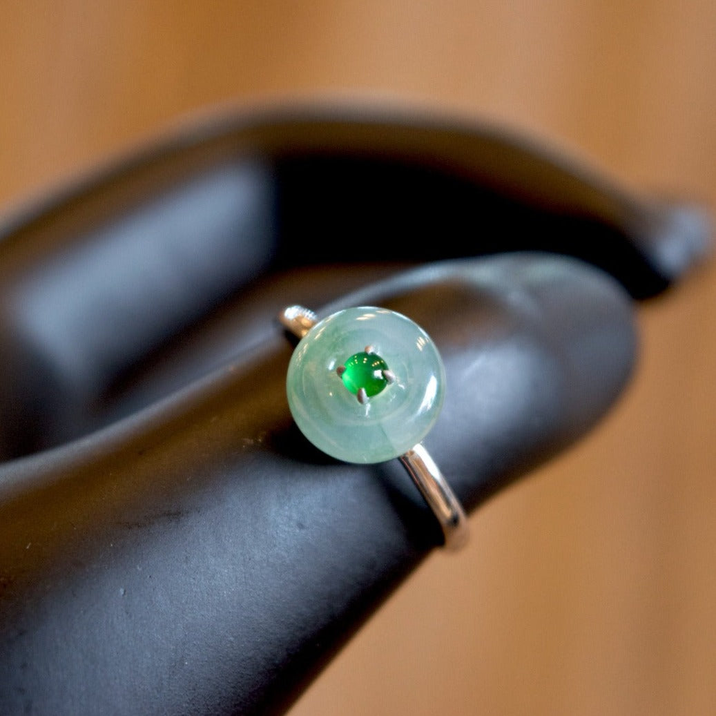 Floral Light Green Icy Dong Dieu Jadeite Jade Ring in 18 k White Gold Setting  - Natural Stone