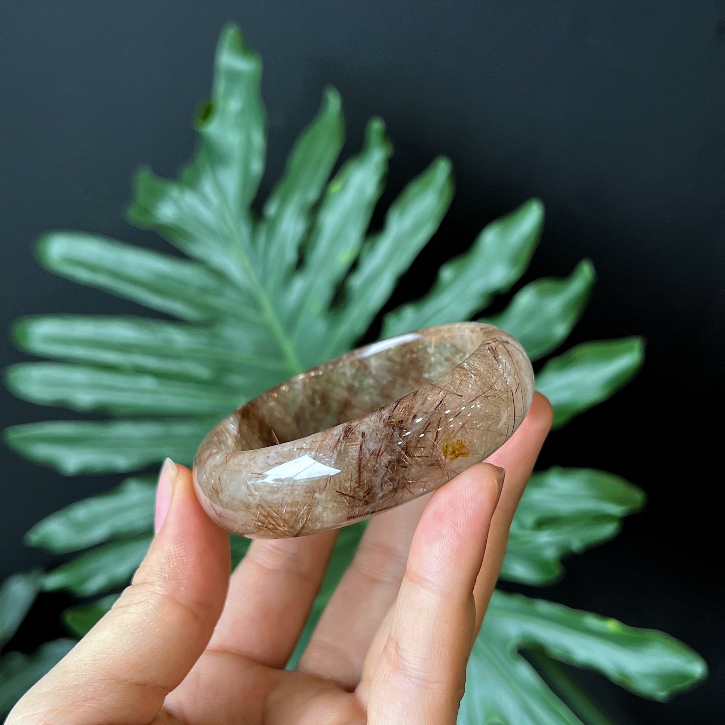 Natural Brown Rutilated Quartz Bangle Leaf Style Size 55 mm