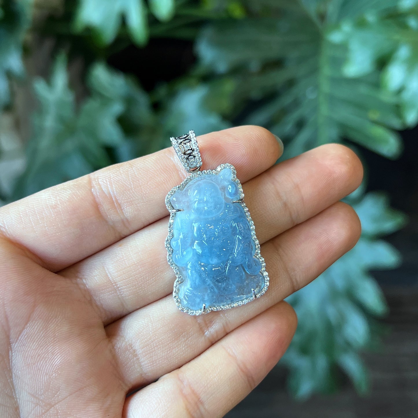 Happy Buddha Natural Aquamarine Pendent White Gold Setting