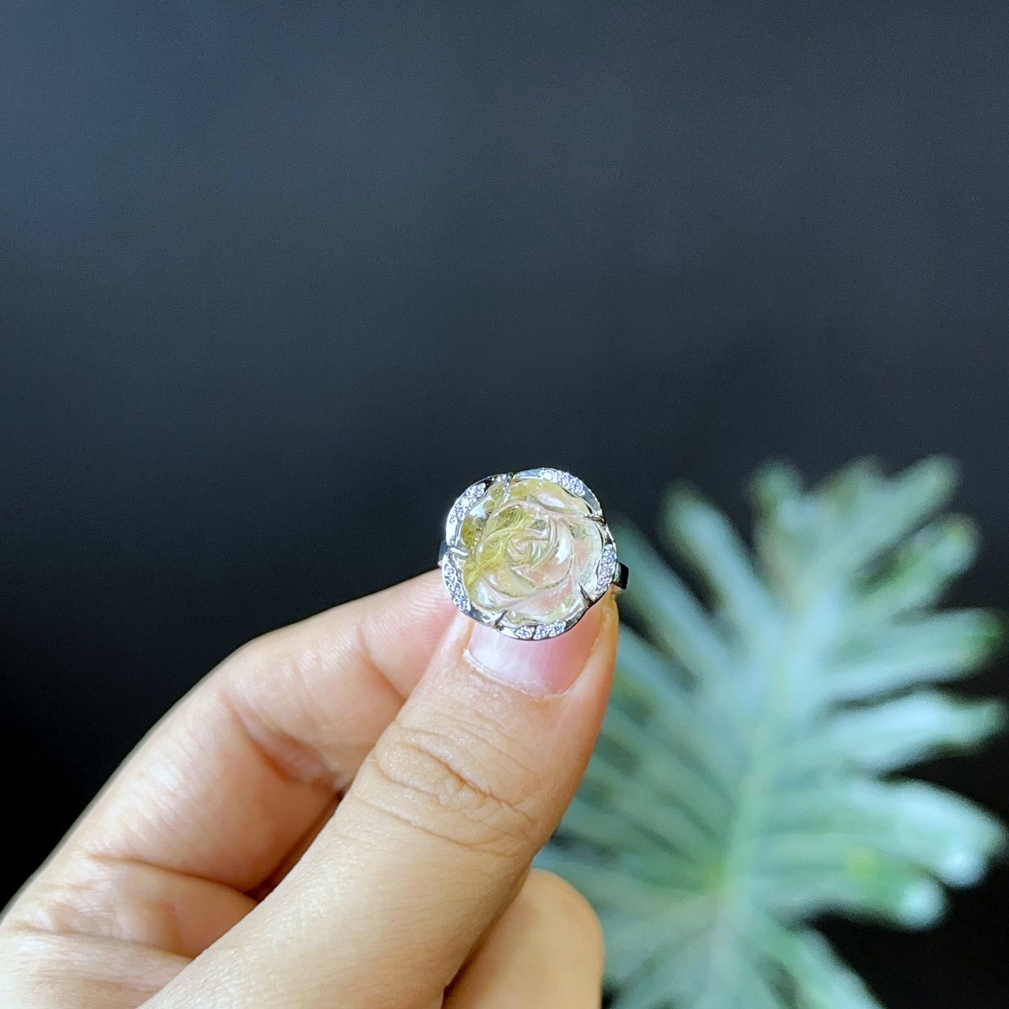 Natural Golden Rutilated Quartz Rose Ring in Silver Setting Size 1.7