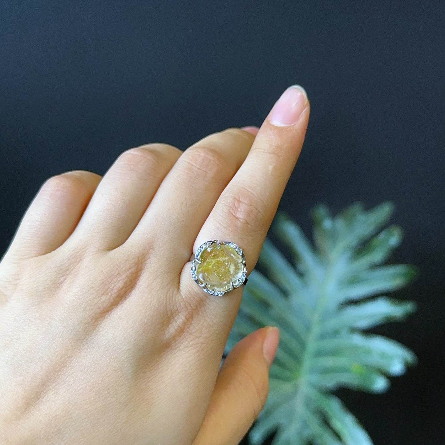 Natural Golden Rutilated Quartz Rose Ring in Silver Setting Size 1.7