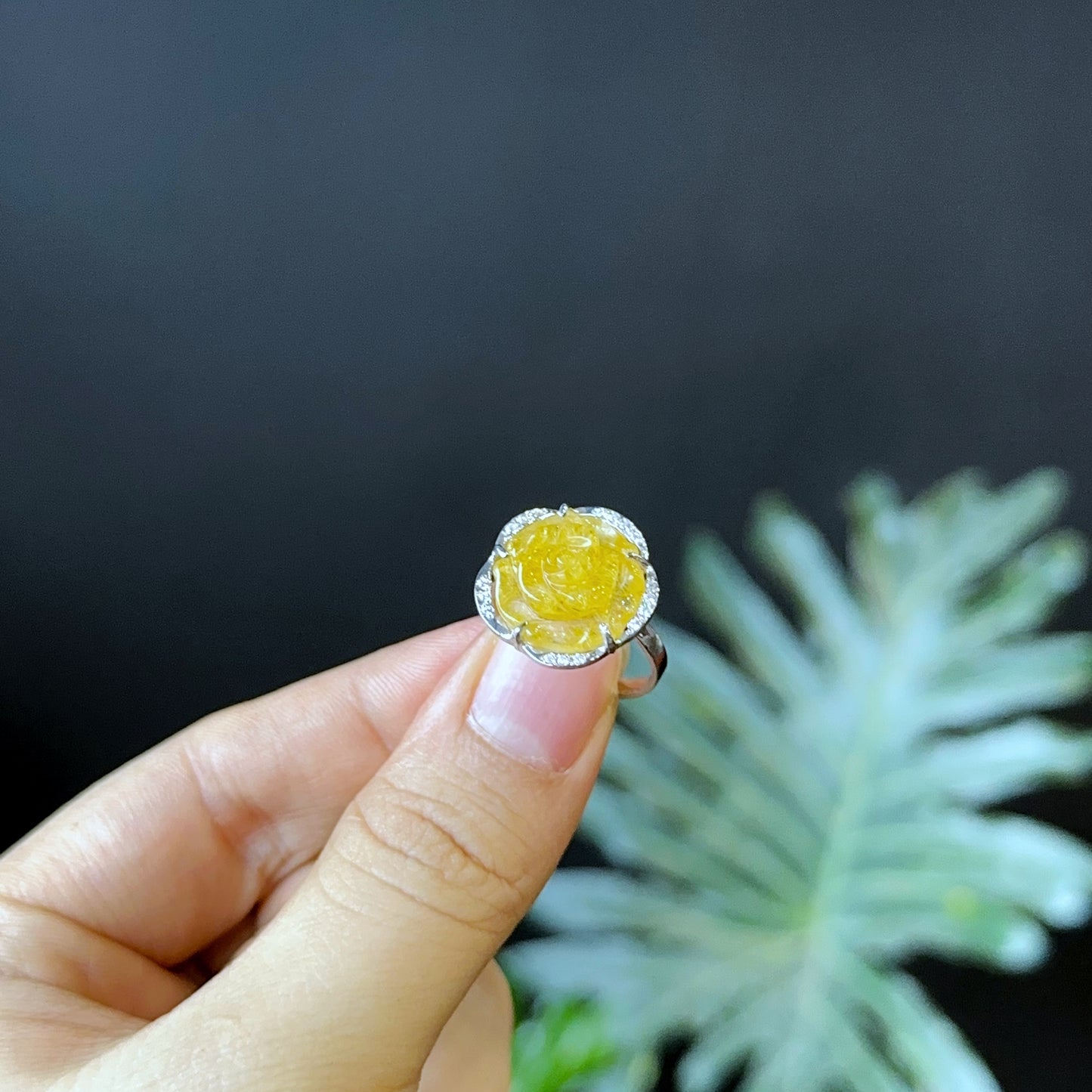 Natural Golden Rutilated Quartz Rose Ring in Silver Setting Size 1.7