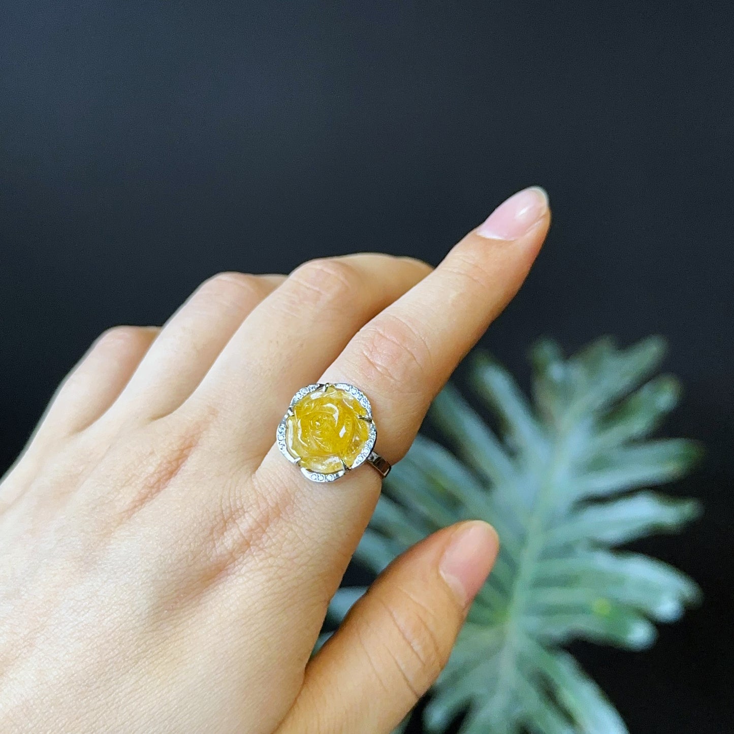 Natural Golden Rutilated Quartz Rose Ring in Silver Setting Size 1.7