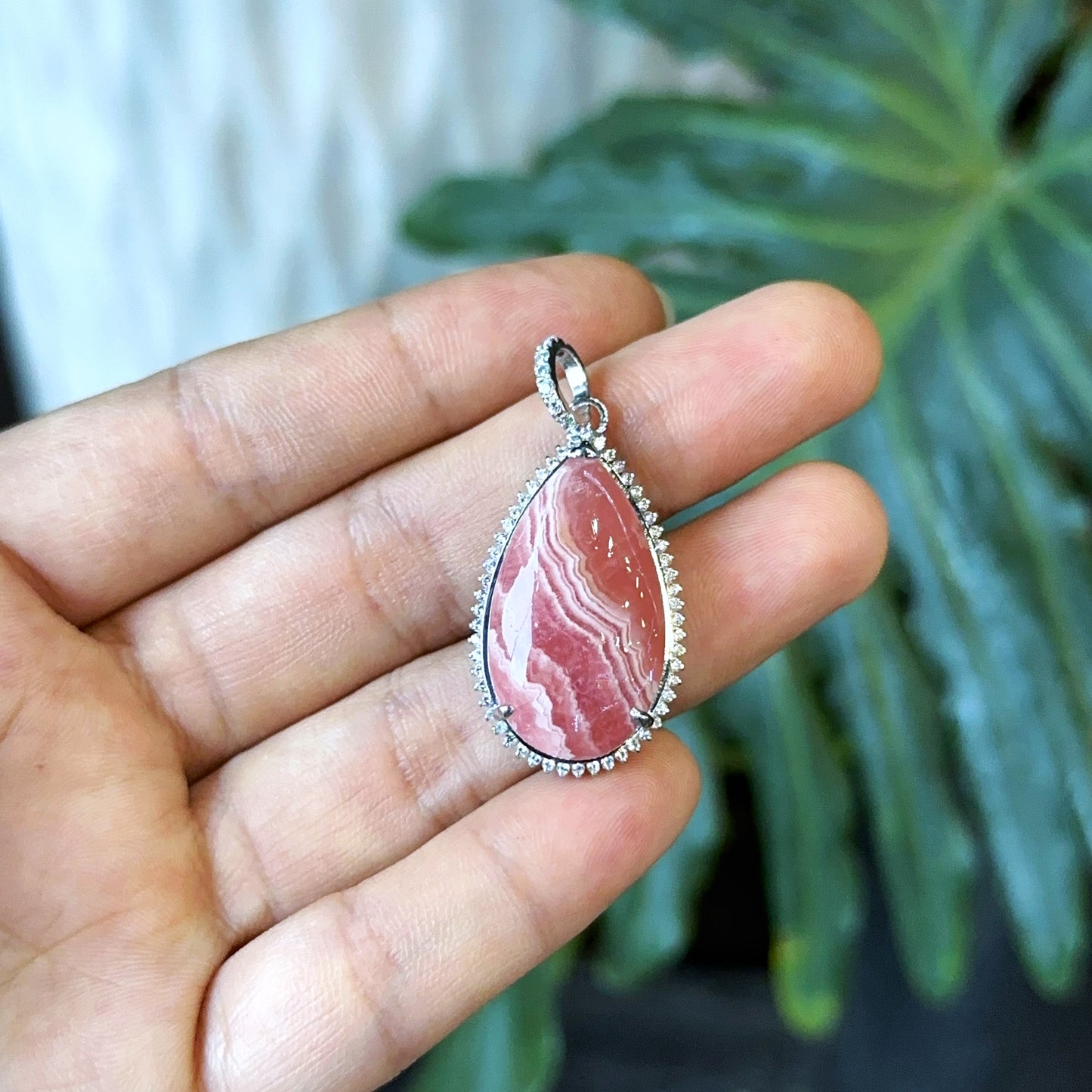 Peach Blossom Natural Rhodochrosite Pendant in Silver Setting