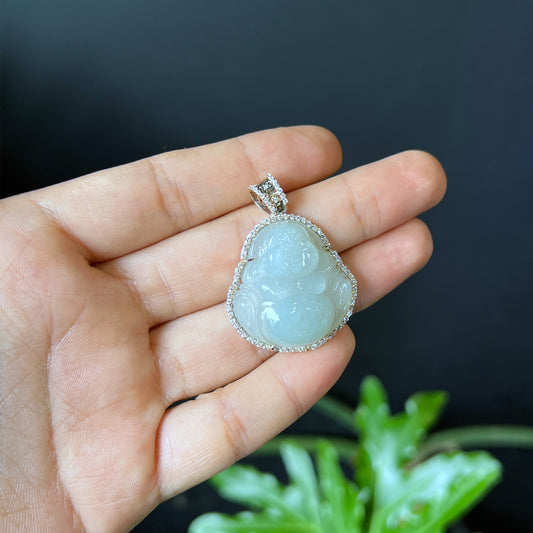 Happy Buddha Water Green Jadeite Jade Pendant in a 10k Yellow Gold with White Stone Surrounding Setting - Natural Stone