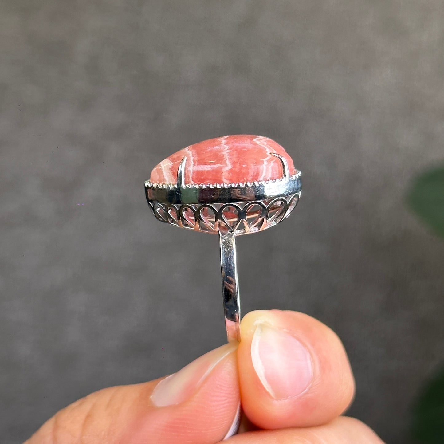 Heart Rhodochrosite Ring in Silver with White Stone Setting Size 1.75