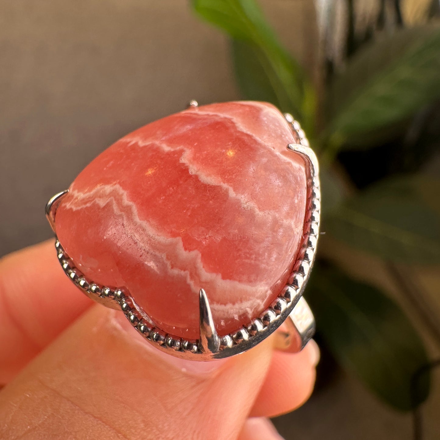 Heart Rhodochrosite Ring in Silver with White Stone Setting Size 1.75