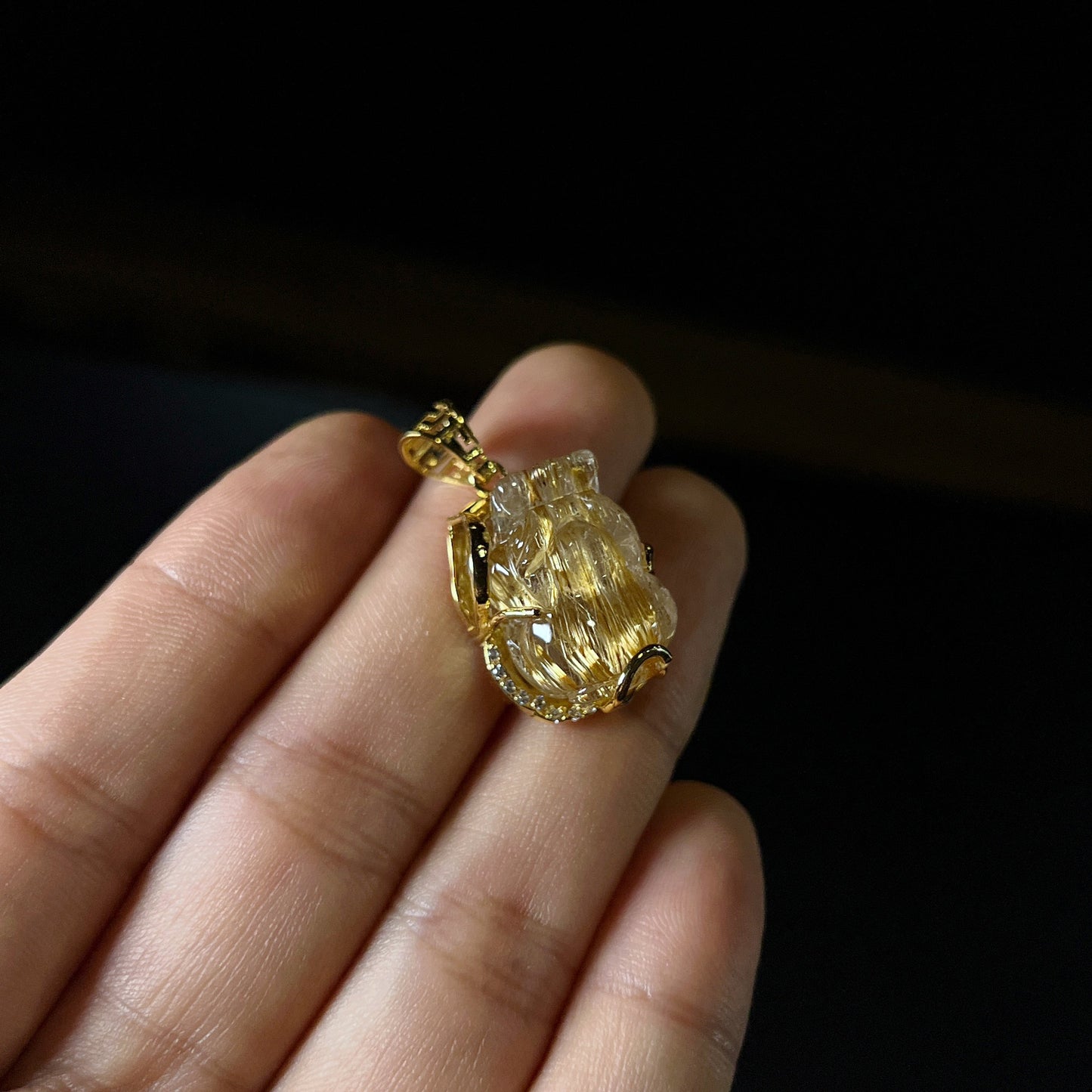 Pixiu Golden Rutilated Quartz Pendant in Yellow Gold Setting