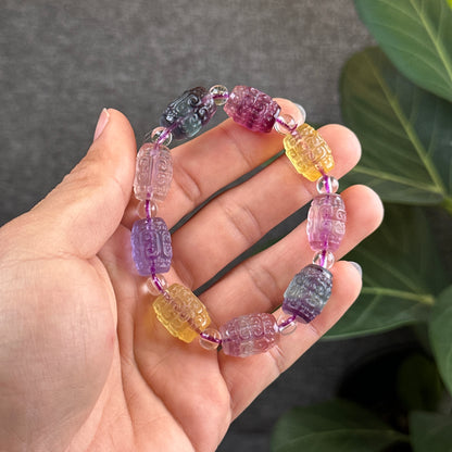 Natural Fluorite Barrel Carved Bracelet Size 10.8 mm