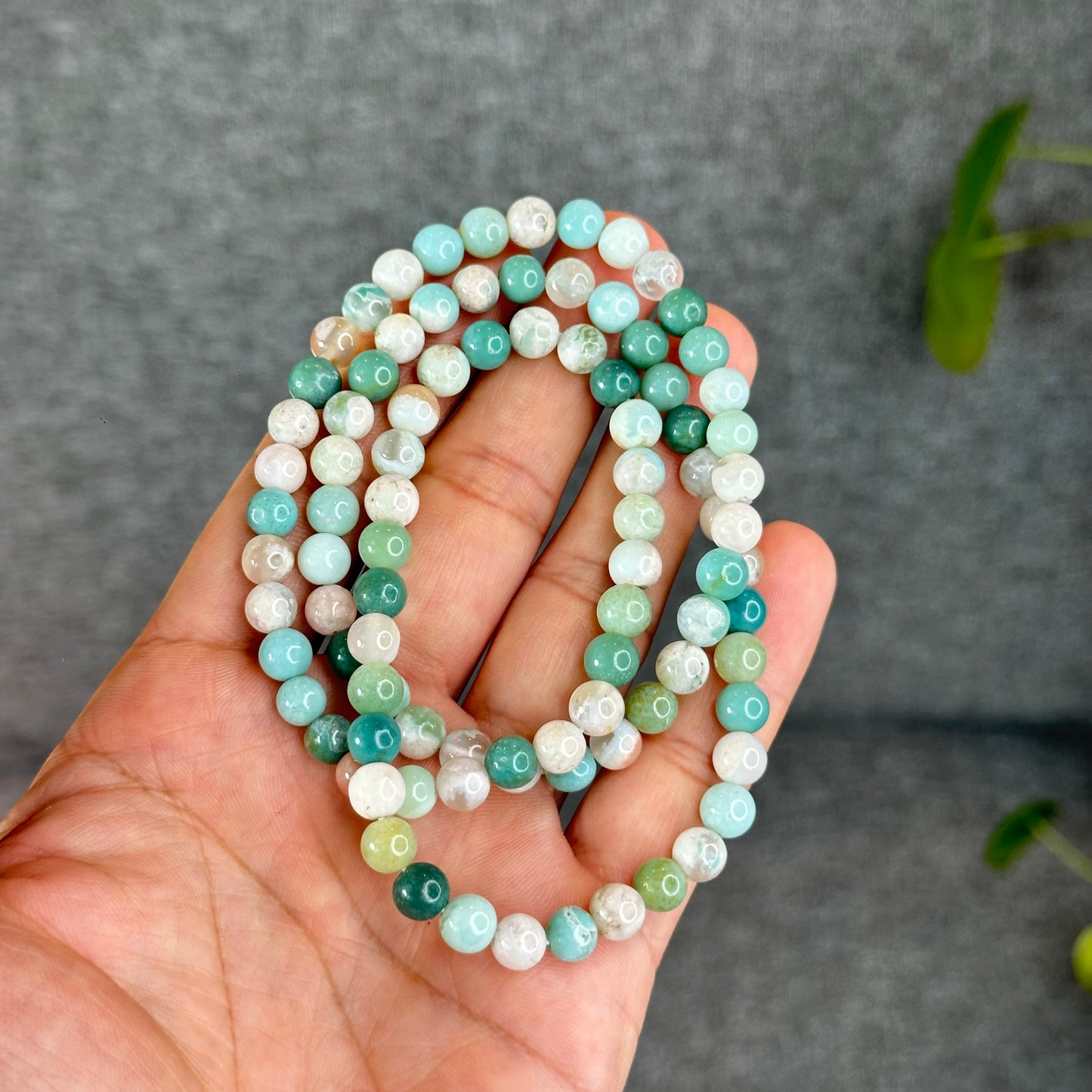 Natural Green Floral Agate Triple Wrap Bracelet Size 6.7 mm